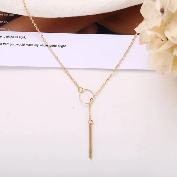 NEW Dainty 18K Stainless Steel Cylindrical And Bar Y Necklace - Picture 3 of 11